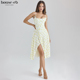 House CB甜美飘逸黄色柠檬印花中长连衣裙Yvette