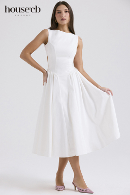 HouseofCB白色露背中长连衣裙