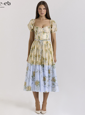 House of CB波西米亚风柠檬色复古玫瑰雪纺中长连衣裙Penelope