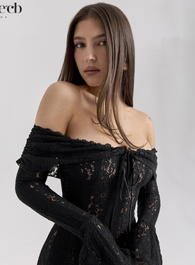 House of CB优雅性感黑色花卉蕾丝露肩迷你连衣裙Sadie