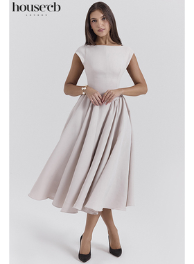 House of CB 秋冬款知性优雅法式白灰色露背中长连衣裙Debutante