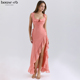 House CB性感惊艳珊瑚色雪纺荷叶边长裙Aloura