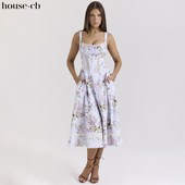 House CB休闲风丁香紫花卉印花棉质中长连衣裙Kim