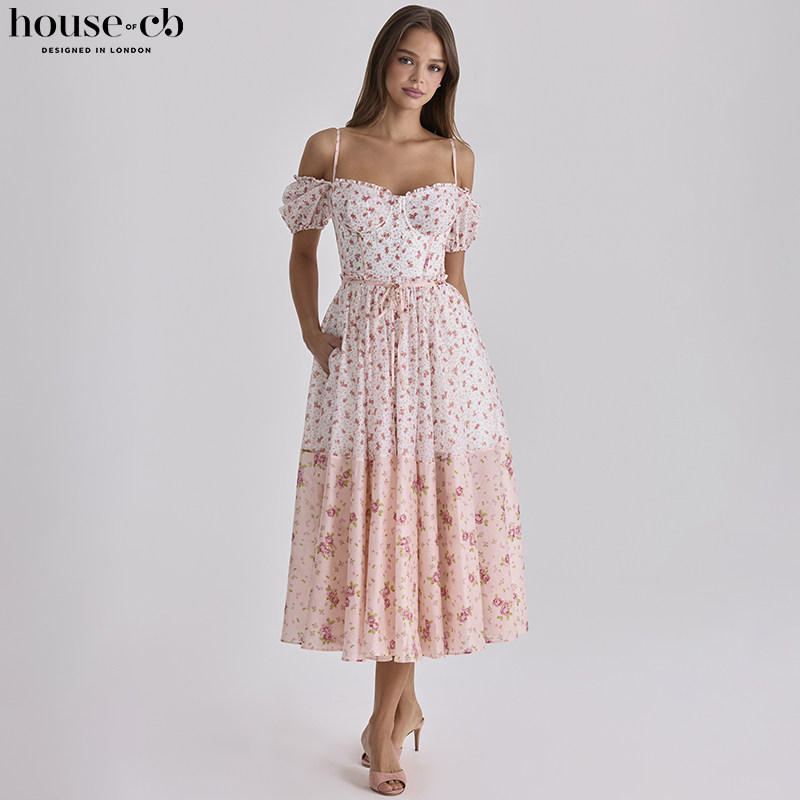 House of CB度假风粉色玫瑰印花缎带中长连衣裙Penelope