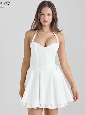 House of CB甜美可爱白色弹力棉挂脖迷你连衣裙Heidi