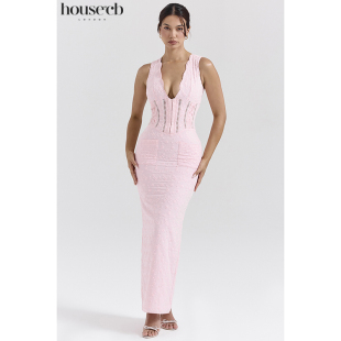 优雅完美粉色英式 刺绣深V超长连衣裙Sophina House