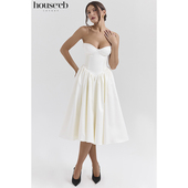 House 优雅端庄抹胸复古象牙白缎面中长连衣裙Coco 秋冬款