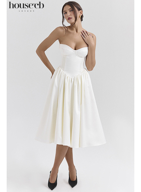 House of CB 秋冬款优雅端庄抹胸复古象牙白缎面中长连衣裙Coco