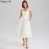 House CB清新甜美白色蝴蝶结中长连衣裙Lillia