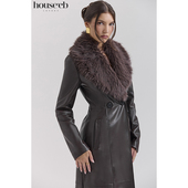 秋冬款 House 修身 优雅双排扣棕色仿皮草饰边素皮大衣Marcel