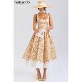 House 田园风度假方口领蜜蜂花印花全棉中长连衣裙Alba