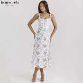 House CB优雅淑女米白色花卉印花棉质中长连衣裙Dionne