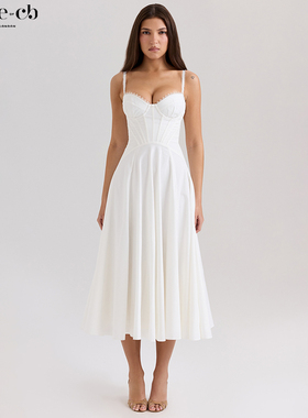 House of CB经典清新白色弹力棉中长连衣裙Steffani