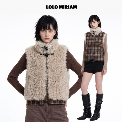 LOLOMIRIAM秋冬格纹羊羔绒穿马甲