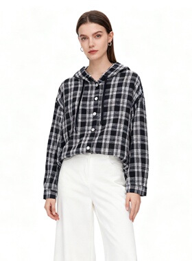 LOLO MIRIAM25秋格子带帽衬衫通勤秋季气质复古33128C003