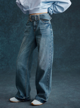Farenew26春牛仔裤女高腰直筒做旧可拆腰带长阔腿裤31827Q1N1001