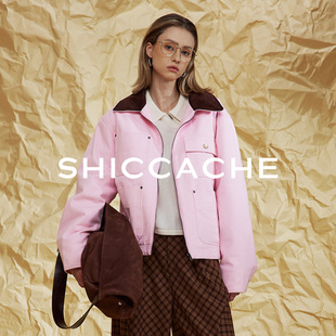 希凯驰25冬设计师款 上衣133128Y036 撞色羽绒服粉色翻领短款