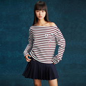 Farenew26春长袖 T恤女露肩条纹两穿设计31827Q1T1001