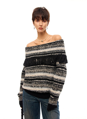 LOLO MIRIAM25秋冬宽松一字肩毛衣复古撞色黑白羊毛混纺313W8M004