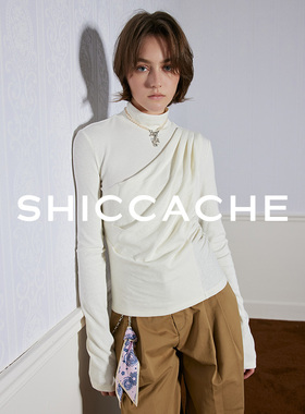 希凯驰25冬设计师款白色抽褶帷幔式半高领修身打底衫133128T001