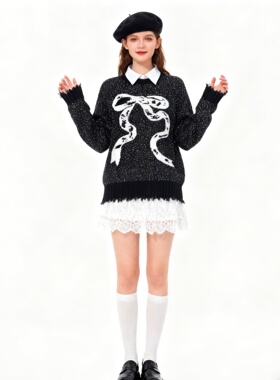 LOLO MIRIAM | 25秋 提花毛衣蝴蝶结圆领套头毛衣长袖313W8M003