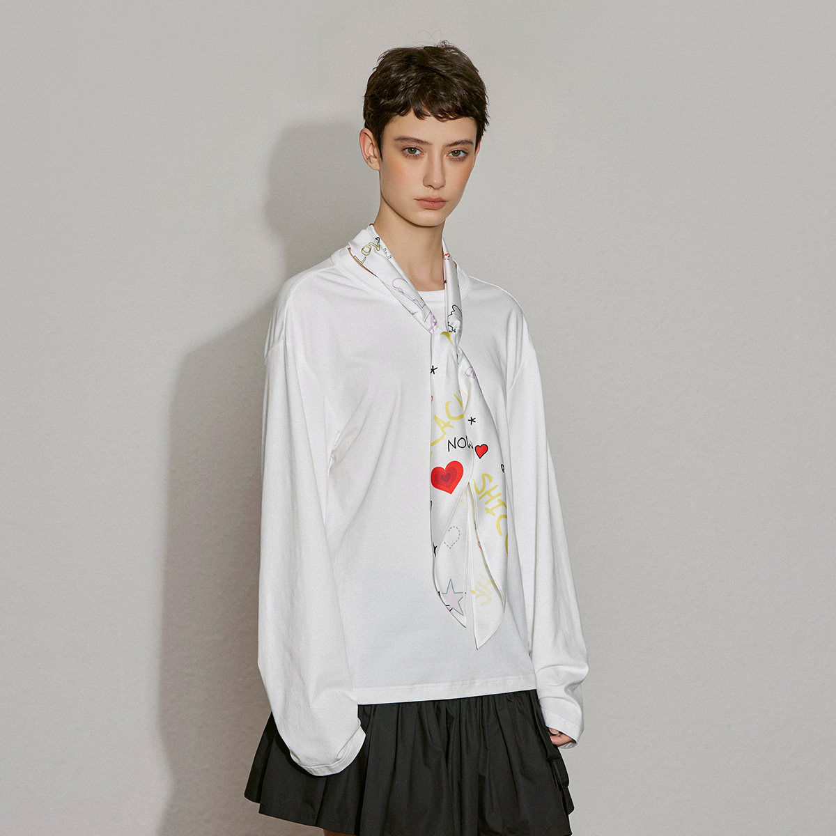 希凯驰25秋T恤女白色两穿丝巾弹性棉混纺31627Q1T1003,女装/女士精品,T恤,淘宝优惠券,粉丝福利购,淘宝优惠卷