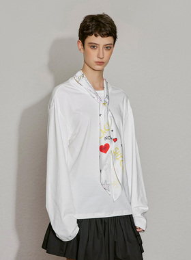 希凯驰25秋T恤女白色两穿丝巾弹性棉混纺31627Q1T1003