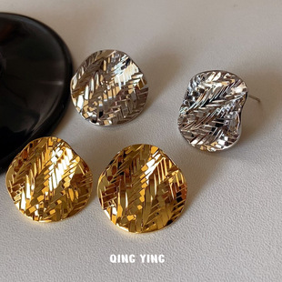 不规则金属碎冰耳环女小众轻奢高级感气质百搭光面爆闪法式 耳饰