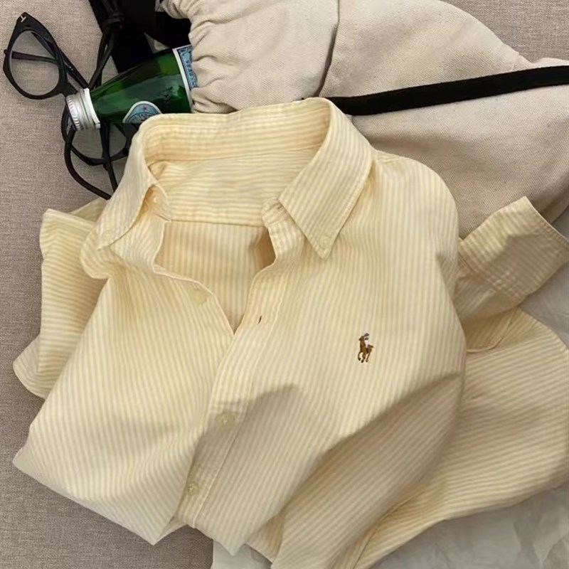 法式刺绣黄色条纹长袖衬衫女春装2024设计感显瘦内搭打底衫上衣