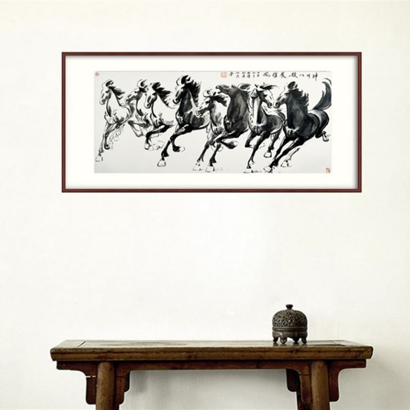 徐悲鸿八骏图装饰画 新中式公司办公室挂画马到成功字画实木带框