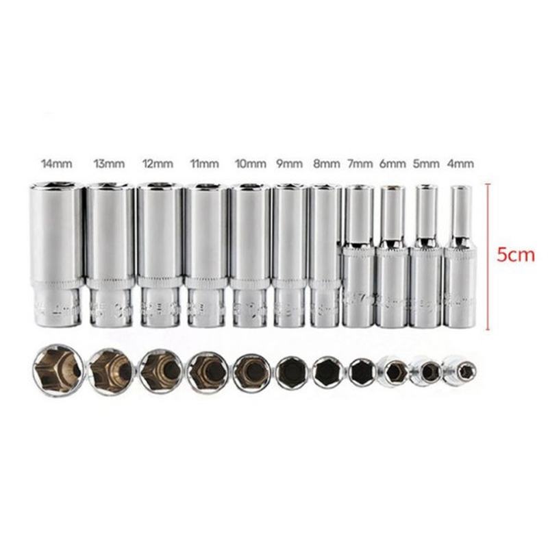 11Pc 1/4 Socket Set Adapter Long Sockets 4-14mm Deep Socket