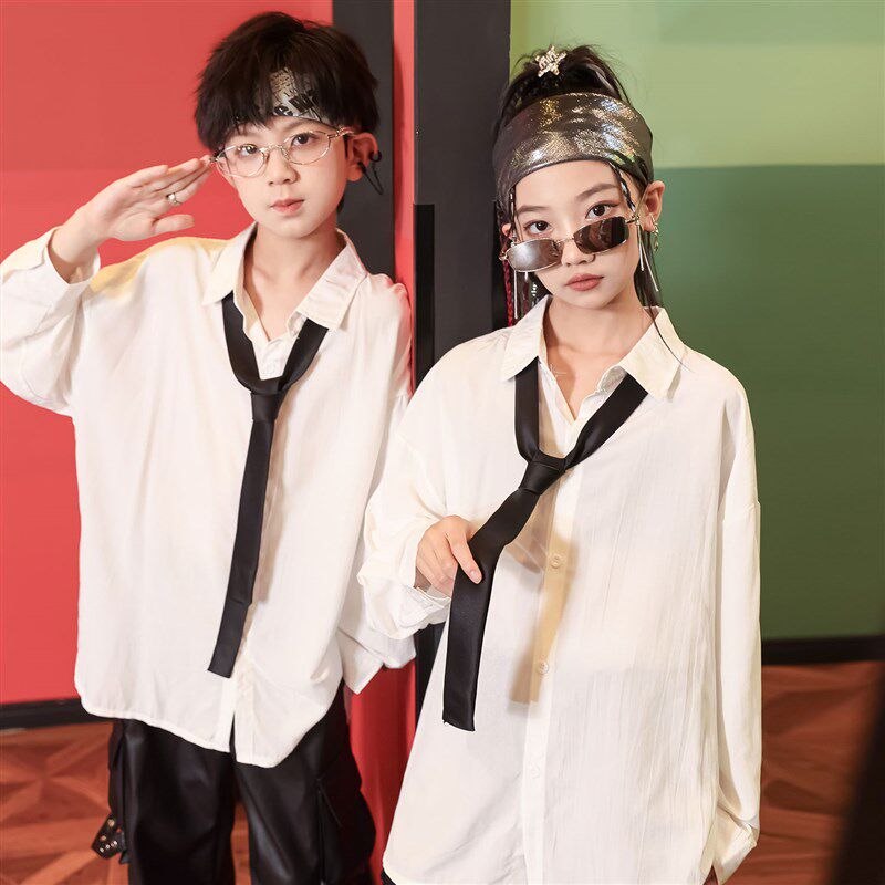 好货街舞儿童潮服白色衬衫秋冬男童女童演出服少儿hiphop潮酷穿搭
