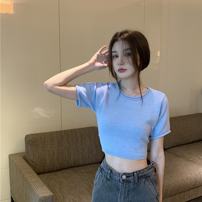 设计感后背绑带短袖t恤女夏奶甜小个子高腰露背甜辣别致短款上衣