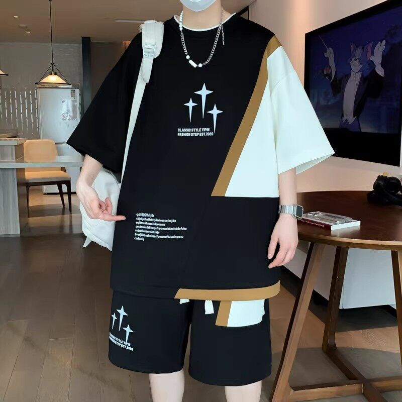 好货夏季大码男款休闲运动短袖短裤两件套日常休闲圆领体恤五分裤