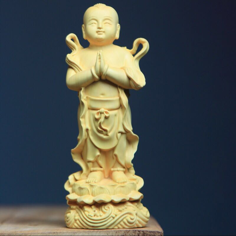崖柏黄杨木雕刻金童玉女摆件招财童男童女善财童子龙女居家装饰品