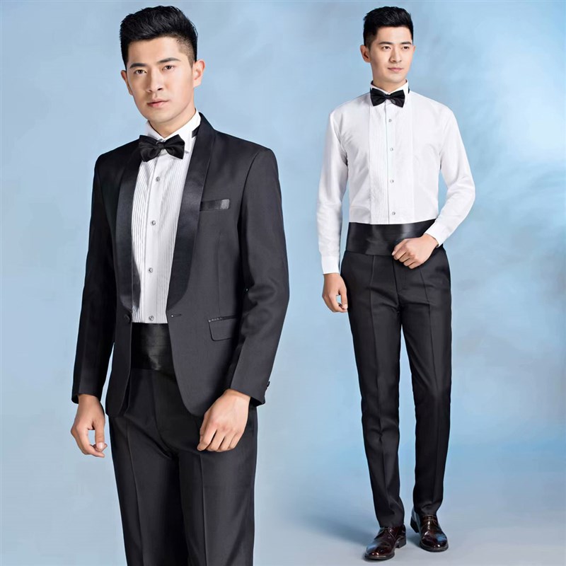 好货男士大合唱比赛演出服装歌手主持人青果领礼服黑白色学生艺考