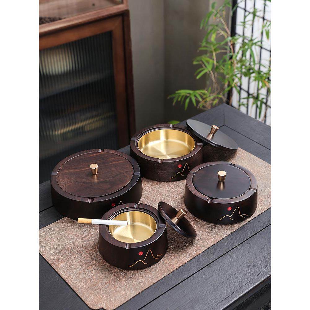 中式黑檀实木烟灰缸带盖大号创意个性潮流家用客厅防飞灰定制覆古