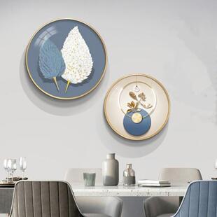 饰画高级感餐桌背景墙挂画圆形两联饭厅抽象壁画 现代轻奢餐厅装
