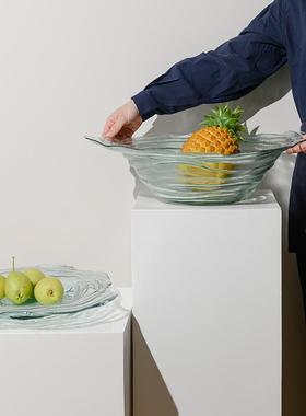 现代简约轻奢水波纹创意玻璃果盘摆件样板间酒店客厅餐桌茶几装饰