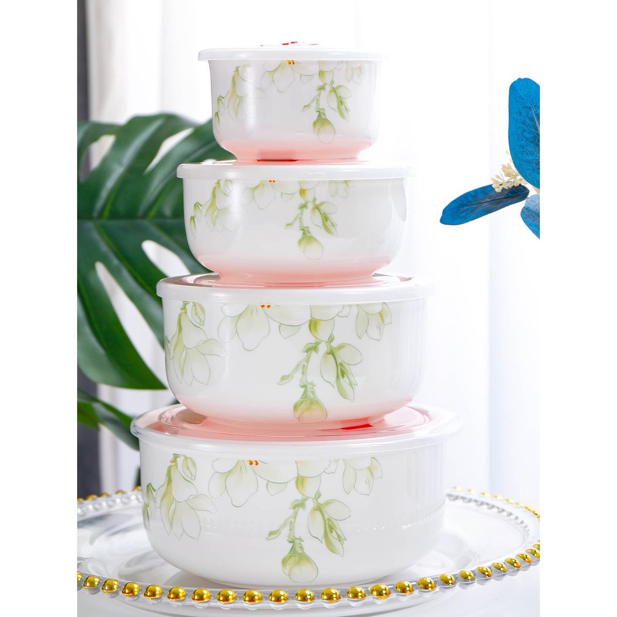 微波炉专用碗套装陶瓷碗带盖大号骨瓷保鲜碗家用加热密封碗四件套