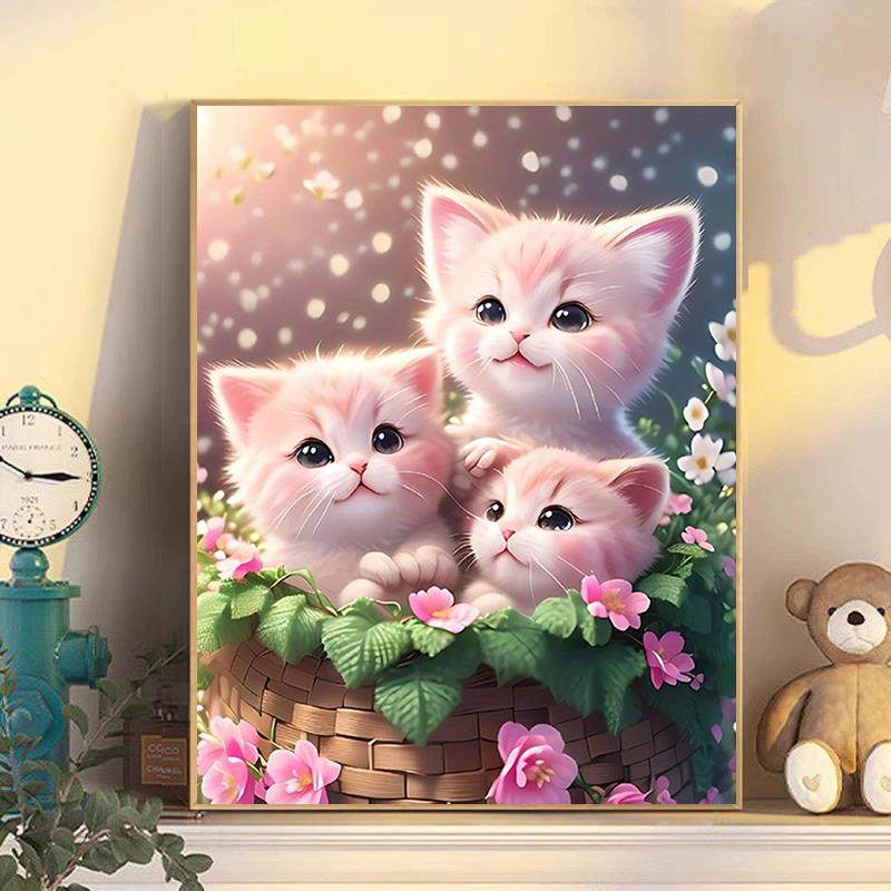 卡通可爱动物猫咪钻石画2024新款小幅手工5d点贴钻十字绣卧室满钻
