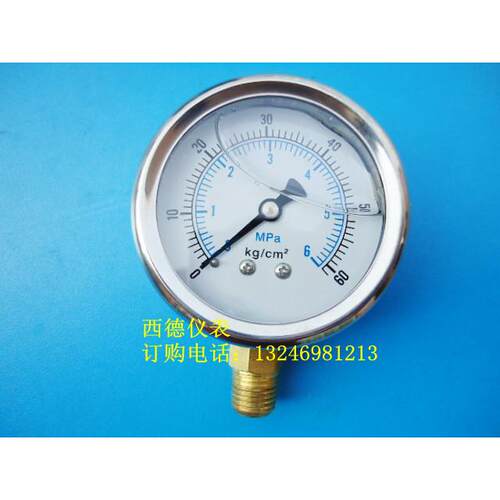YN-60,不锈钢表壳60MM径向0－6MPA/60KG双刻度，充油耐震压力表