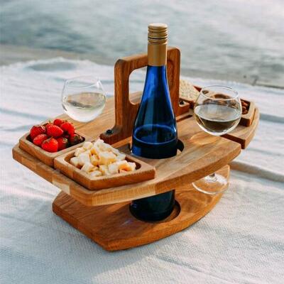 Picnic Table手提酒盘便携外出挂酒杯果盘木质野餐桌果盘一体酒盘