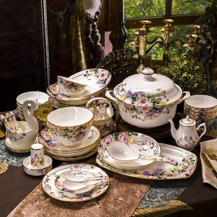 碗碟瓷器品乔迁家用结婚陶瓷勺碟金镶骨瓷餐具送礼欧式 碗盘边套装