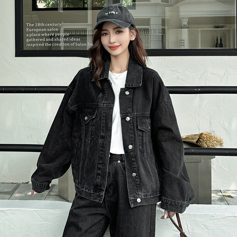 外贸尾单专柜撤柜品质女装潮酷韩版宽松休闲复古黑色牛仔外套女款