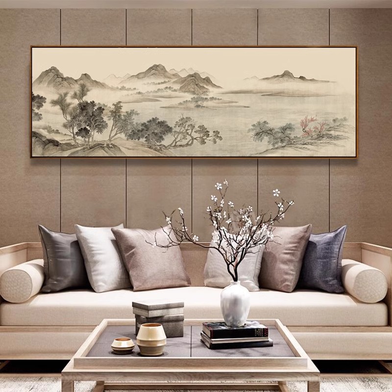 新中国风沙发背景墙装饰画客厅风水背景中国画山水水墨挂画大尺寸