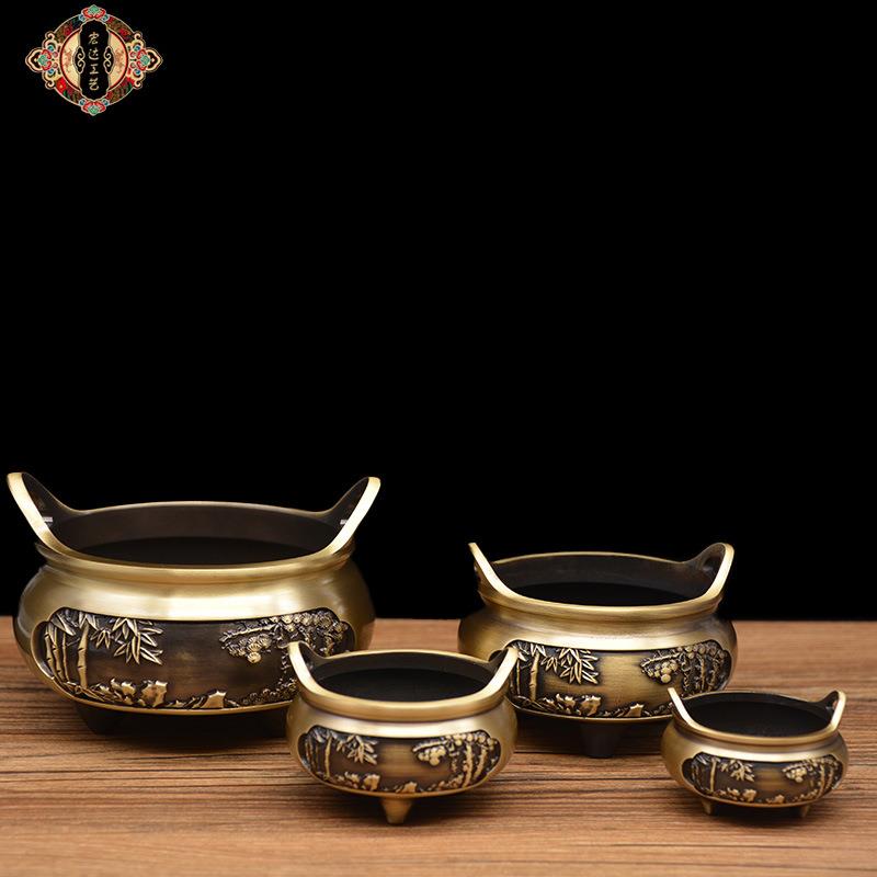 宏达 黄铜拉丝雕花元宝炉 铜香炉 创意家居桥耳炉摆件