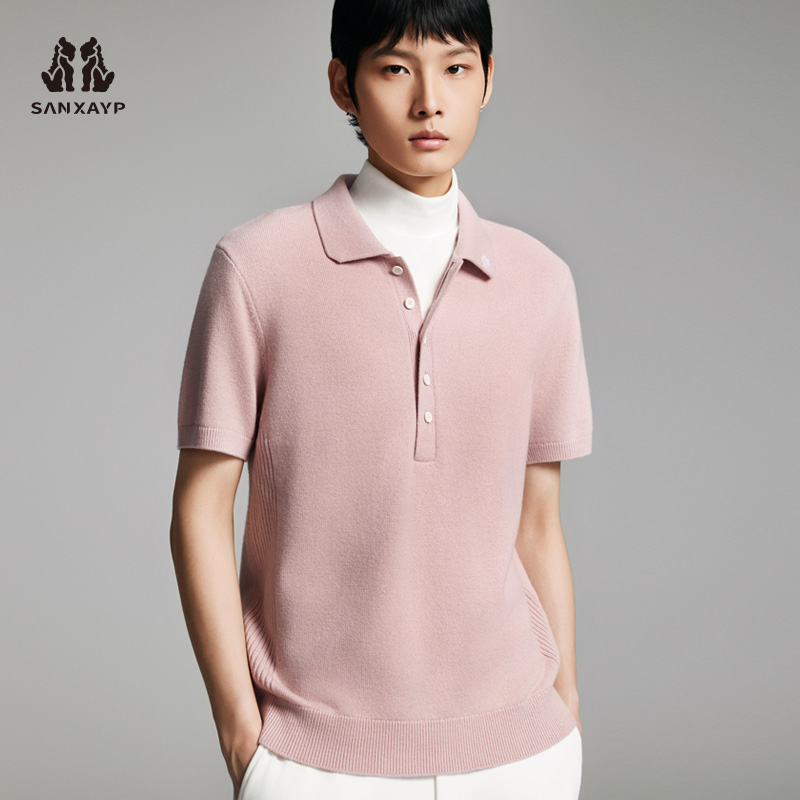 纯绵羊毛短袖毛衫Polo领