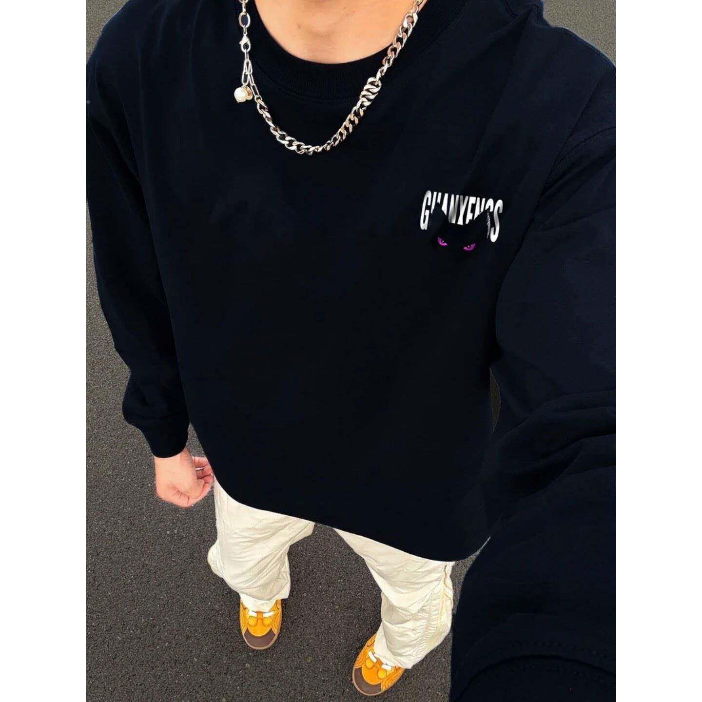 美式磅纯棉字母男印花长袖T恤女秋冬季宽松休帅251007闲痞卫衣重