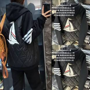 TB风格连帽拉链棉服后背帆船图案四条杠休闲棉衣夹克外套男女上衣